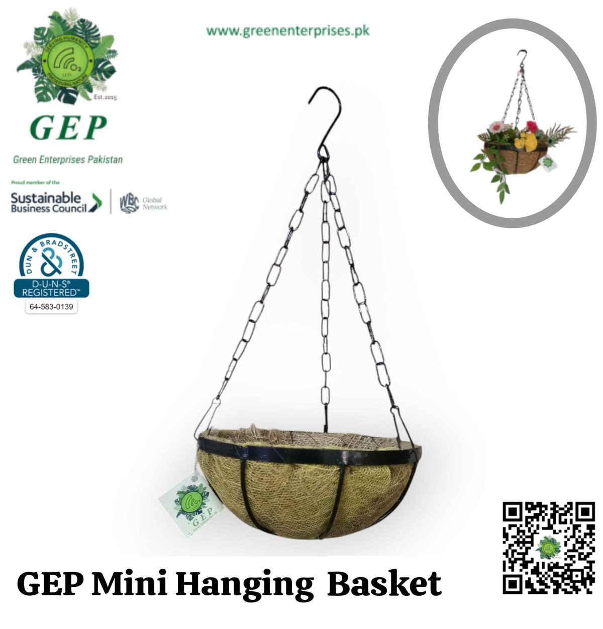 GEP 8″ Flowers Hanging Baby Basket Metal frame coco coir Liner for Outdoor Garden & Home Décor Black