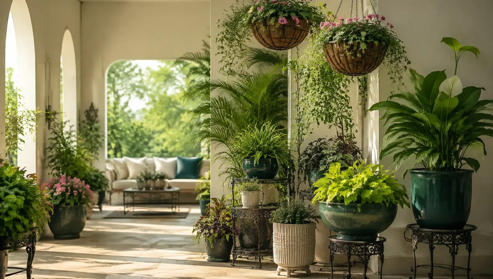 Hanging baskets and planters arranged in a Green Enterprises garden display