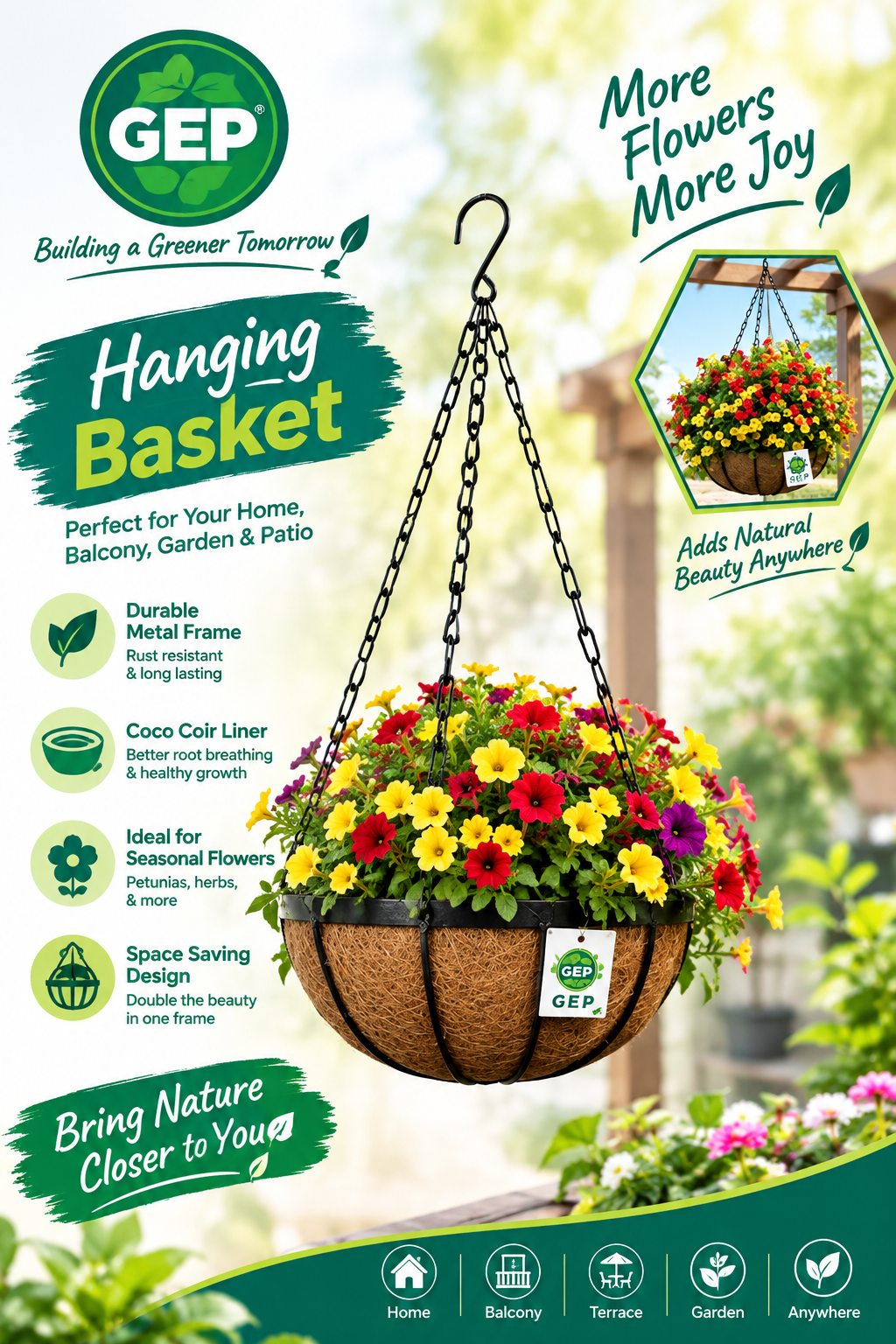 GEP 10″ Flowers Hanging Basket Metal frame coco coir Liner for Outdoor Garden & Home Décor Black