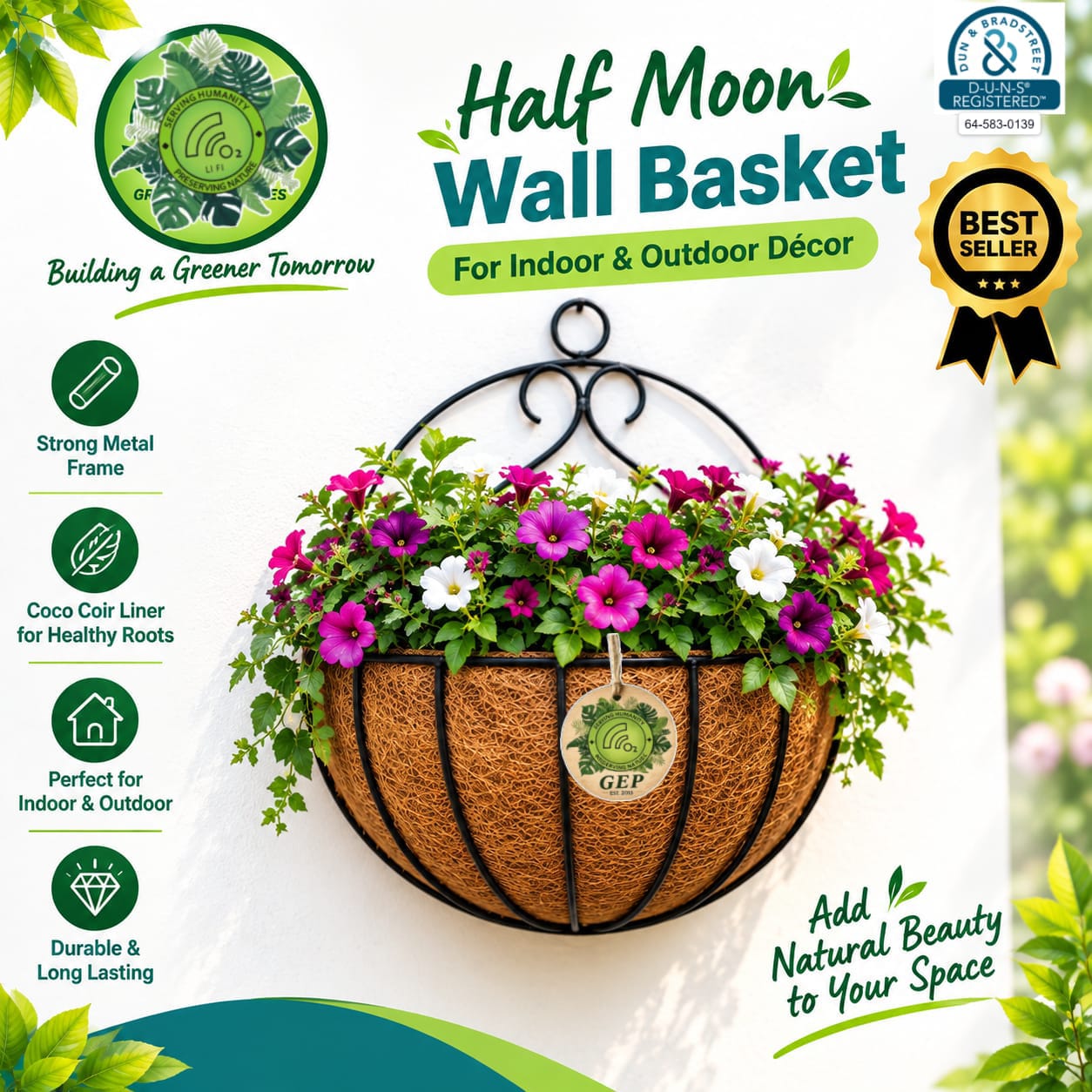GEP Wall Mounted Basket with Metal frame Coco Coir liner for Garden and Home Décor Size 12″ Black Color